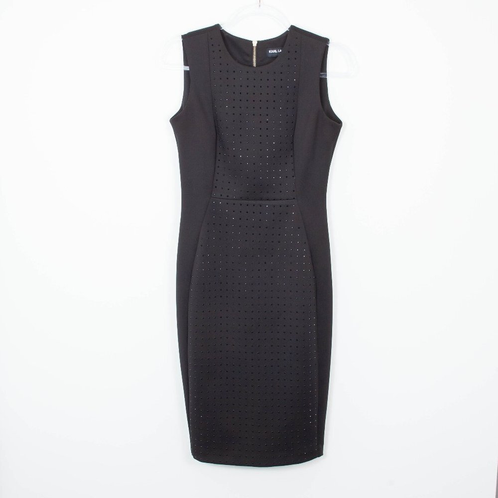 Karl Lagerfeld Black Embellished‎ Sleeveless Midi Sheath Dress Size 4